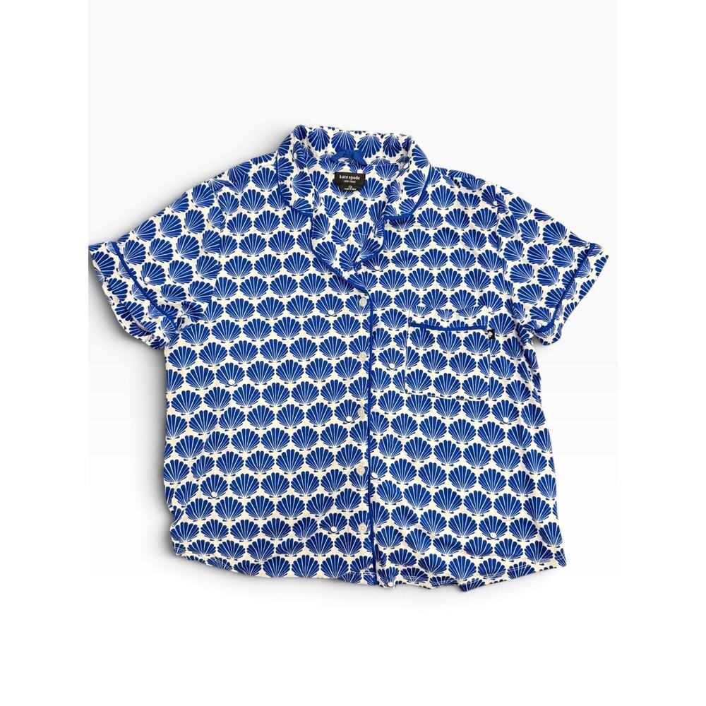 Kate Spade New York Seashell Print Pajama Set Large Blue White Button Up Pants - Picture 3 of 10